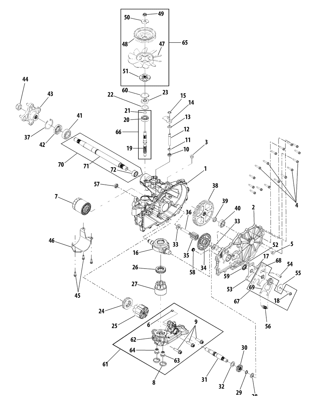 Transmission Assembly Lh Diagram and Parts List for FMZ50 17AF4BFP009-17AF4BFP010-17AF4BFP209-17AF4BFP210-17AF4BFP710 Cub Cadet Lawn Tractor